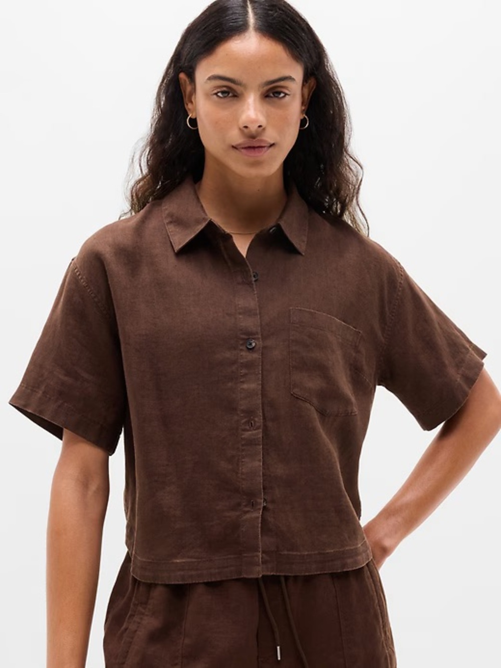 Athleta Retreat Linen Short Sleeve Shirt Boxy Fit Woodland Brown 100% Linen XS